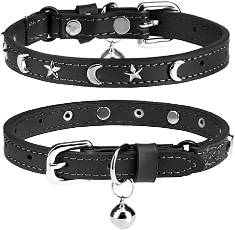 DILLYBUD Leather Cat Collars for Boy Girl Cats with Bell and Safety Elastic Belt, Personalized Star and Moon Stud Adjustable Safe Buckle Collar for Kitty Small Big Cats Size 8-12 Inch, Black
