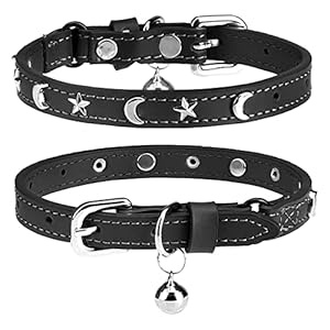 Leather Cat Collars for Boy Girl Cats with Bell and Safety Elastic Belt, Personalized Star and Moon Stud Adjustable Safe Buckle Collar for Kitty Small Big Cats Size 7-9 Inch, Black