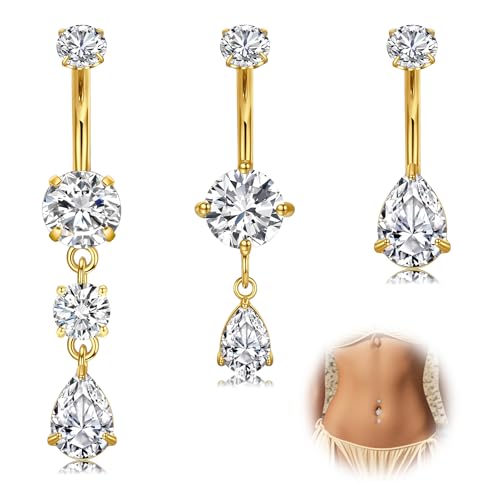 WillTen 3Pcs Belly Button Bars 14G Stainless Steel Belly Bars 10mm Gold Dangly Navel Rings Belly Button Piercing for Women Clear CZ Teardrop Dangling Belly Button Jewelry for Summer Beach