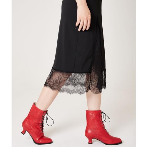 Image of Women's Victorian Ankle Boots - Mid Calf, Round Toe, Black Boots with Chunky Heel & Lace Up Detail
