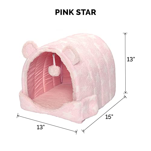 Image of Furhaven Cat Bed Snuggle Hideout for Indoor Cats & Small Dogs, Washable & Foldable w / Plush Ball Toy - Snuggle Hideout Pet Tent - Pink Stars, Small