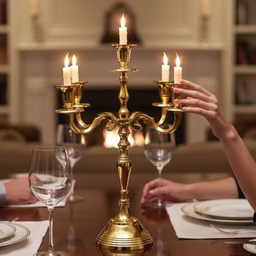 Image of Decorative Aluminum Vintage 5-Arm Brass Gold Candelabra Candle Holder - Elegant Metal Table Centerpiece for Home, Wedding, Party & Dining Room Decor