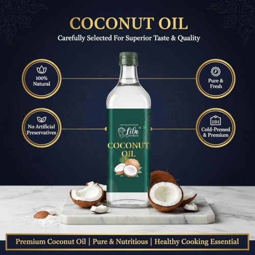 Image of LILA DRY FRUITS Pure Coconut Oil 1 Litre 1.5 L (500 ML x 2) for Cooking & Eating | Edible Cold Pressed Oil for Daily Use | Kachi Ghani Lightweight Natural Cholesterol Free Nariyal ka Tel for Indian Food, Baking & Frying