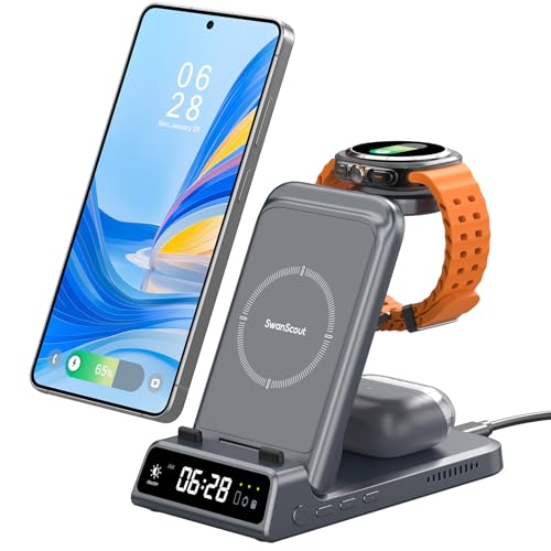 Image of SwanScout 703S Charging Station for Samsung S26 Ultra, 3-in-1 Wireless Charger for Galaxy S26+ /S25 /S24 Ultra /S24 /Z Flip /Fold, for Galaxy Watch Ultra /8 /7 /6, for Galaxy Buds3 Pro (No Adapter) (Grey)