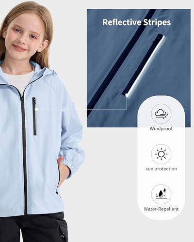 Image of Rolanko Girls Rain Jacket Lightweight Waterproof Hooded Kids Raincoat 6-16 | Kids Windbreaker, Water-Repellent, Sealed Zip Pockets, Reflective Strips, Extended Hood, Outdoor, School Daily, Travel