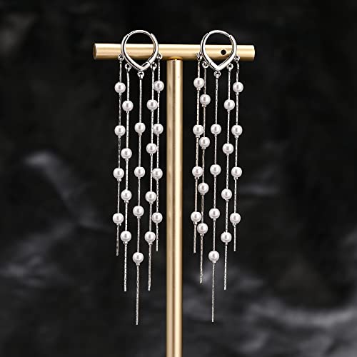Long Pearl Earrings For Women 14K Gold Plated Pearl Dangle Tassel Earrings Sterling Silver Post Long Pearl Drop Earrings For Prom #TOP4