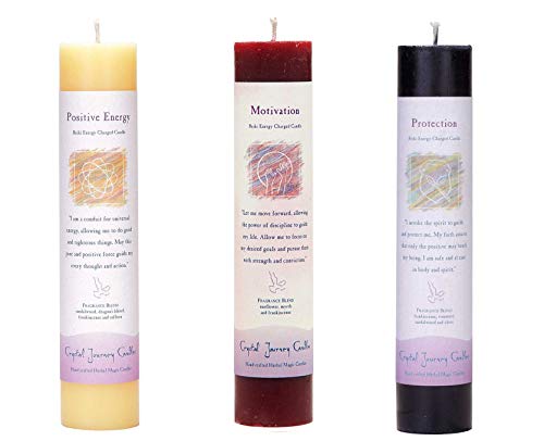 Crystal Journey Reiki Charged Herbal Magic Pillar Candle with Inspirational Labels - Bundle of 3 (Positive Energy, Motivation, Protection) Each 7 x1.5