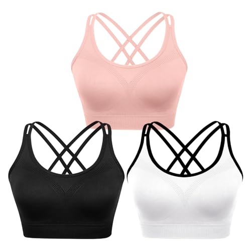 Image of WOYYHO Cross Back Sports Bra for Women Padded Strappy Yoga Bra Medium Support Workout Bra for Athletic Gym Fitness 3 Pack