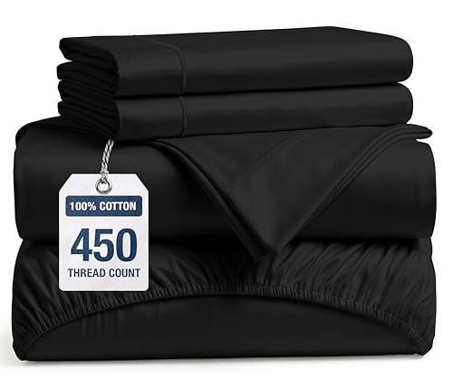 Image of LANE LINEN Cali King Sheet Set - 450 Thread Count Premium Sateen Weave for Silky Feel On Skin - Cooling Sheets for Deep Sleep - Securely Fits Mattresses Upto 15'' Deep - Oeko Tex Certified - Black