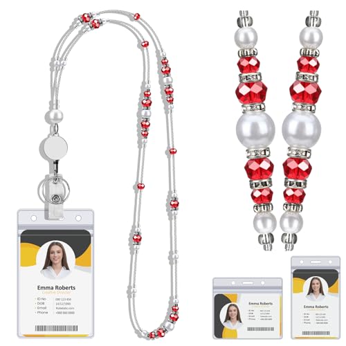 Beaded Teacher Lanyard with Badge Reel,Retractable Badge Lanyard for Women