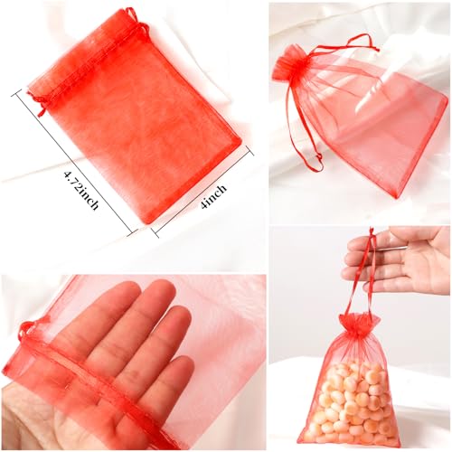 Image of Hopttreely 100pcs Organza Bags, 4 x 4.72 inches Red Christmas Wedding Favors Christmas Gift Drawstring Bags Jewelry Pouches