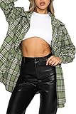 CHYRII Womens Button Down Flannel Shirts Long Sleeve Plaid Shackets Business Casual Blouse Topss Green-7111 L