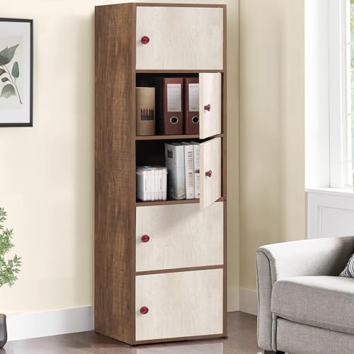 Image of ABOUT SPACE Wooden Cabinet - 5 Tier Storage Cabinet for Living Room with Magnetic Door, Space Saving Book Self for Home, Engineered Wood Kitchen Crockery Unit (Walnut - L 38 x B 38.5 x H 165.5 cm)
