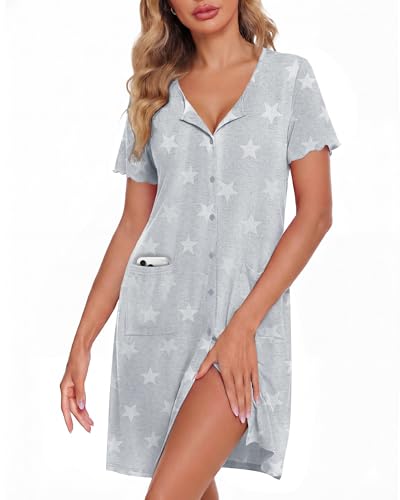 Image of ZOOSIXX Nightgowns for Women - Short Sleeve Sleepwear Button Up Pajamas for Women V-Neck Sleepwear Dress with Pockets