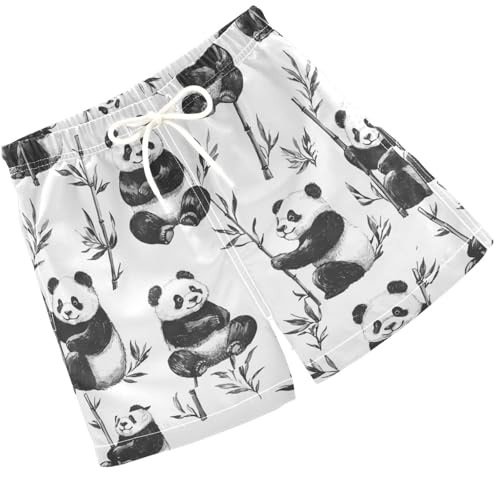 Pigsaly Boys' Swim Board Shorts Black White Watercolor Funny Pandas Boy's Swim Trunks Kids Swimwear 5T