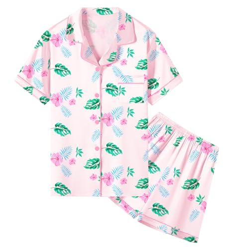 Image of Umeyda Women & Girls Pajamas Set, Soft Satin Lightweight Silk Button-Down Top with Shorts 2 Piece PJS for Mom Boys Kids Gifts