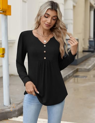 Image of Zeagoo Womens Long Sleeve Tops Fall V Neck Shirt Casual Pleated Tunic Top