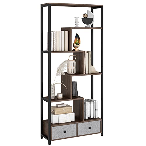 Hifit Bookshelf With 2 Drawers, Tall Bookcase With 9 Open Bookshelf For Living Room, Free Standing Display Shelf For Reading Room Bedroom Entryway Hallway, 31.5”W X11.8”D X 70.9”H, Brown #TOP5
