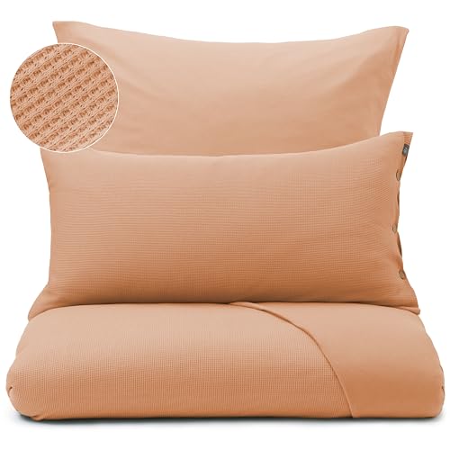 URBANARA Jersey-Bettbezug Medelo 135x200 cm - 100% Baumwolle, Bettwäsche mit Waffel-Struktur & Knopfleiste, einzelner Bettdeckenbezug, kuschelig & weich - Blasses Terrakotta