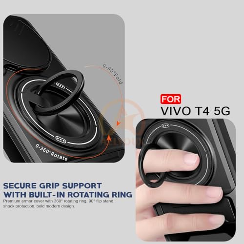 Image of Vivo T4 5G / Z10 5G Back Cover | Armor Camera Slider 360 Degree Rotating Finger Ring Holder Case with Bracket Stand Back Case Cover (Compatible with MagSafe Accessories) (Black)