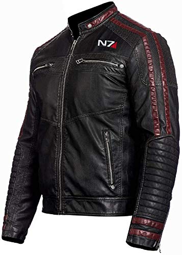 HiFacon Mass Effect 3 N7 Commander Shepard Veste de moto rétro en cuir pour homme Noir - Noir - Large