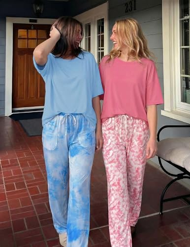 Image of Ekouaer 2 Pack Womens Pajamas Sets Short Sleeve Long Pants Pjs Lounge Set