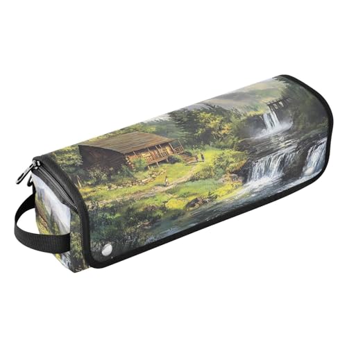 Hair Tool Travel Bag with Heat Resistant Mat Large Capacity Hair Tool Organizer for Curling Iron Straightener Flat Hair Dryer, Mountain Brook Retreat Rustic Cabin Waterfall Serenity