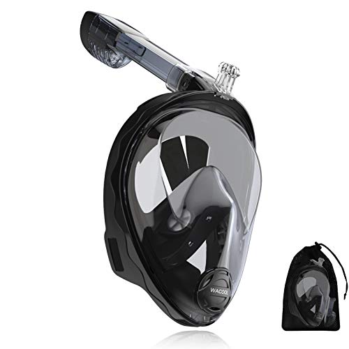 WACOOL Full Face Snorkel Mask for Adult 180°Panoramic View Anti-Fog Anti-Leak Easy Breathe Snorkeling Set with Detachable Action Camera Mount (Black,L/XL)