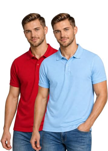 Image of INKKR Men's Combo Polo Neck Polycotton Solid T-Shirt (Pack of 2) Red-Sky