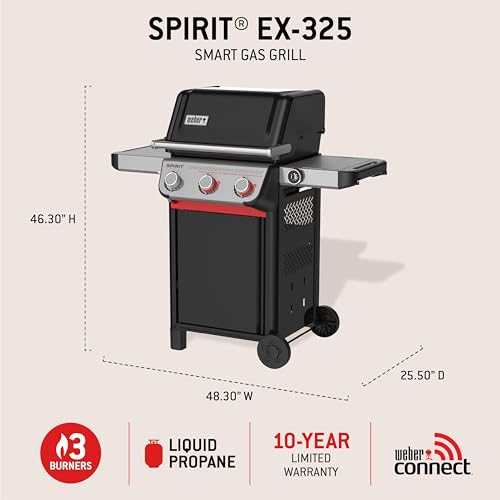 Image of Weber Spirit EX‑325 Smart Gas Grill (Liquid Propane) for Outdoor Cooking, 3 Burner - Black, Wi‑Fi Enabled Grill with Porcelain-Enameled Cast-Iron Grates, Sear Zone, Boost Burners