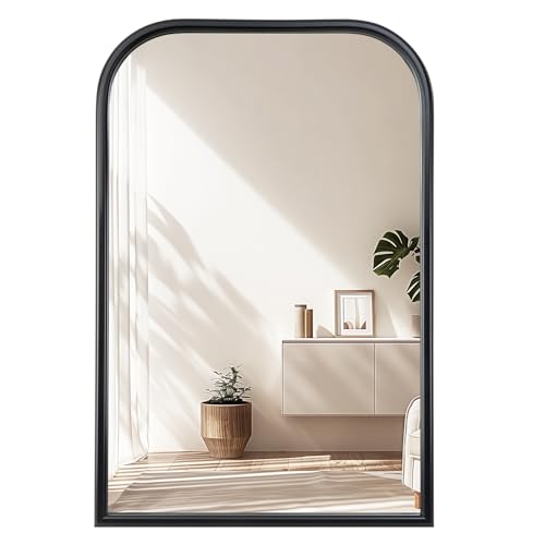Image of 24 inchx36 inch Arch Wall Mirror Bathroom Mirror for Wall Mounted, Tempered Glass, Wood Grain Finish Frame Wall Mirror Decorative for Living Room Bedroom Entryway, Black