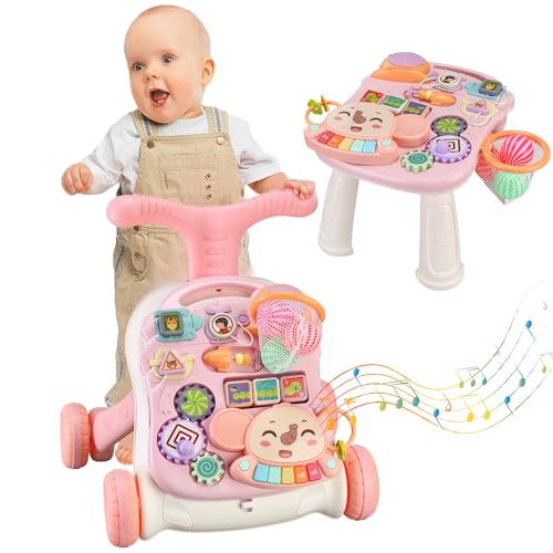 Baby Push Walker 3 in 1 Sit-to-Stand Learning Walker with Wheels Kids’Multiple Educational Activity Center Music Learning Toy Gift for Infant Boys Girls (Pink)