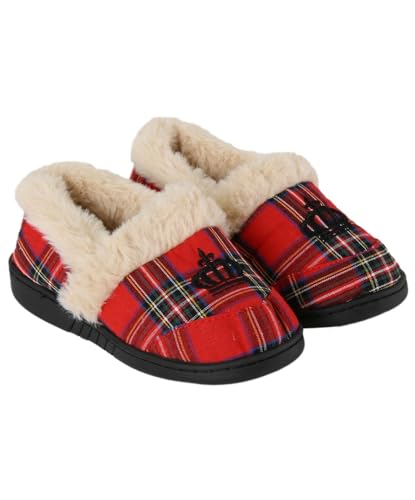 Pantoufles rouges en peluche garçons SIRRI à motif tartan