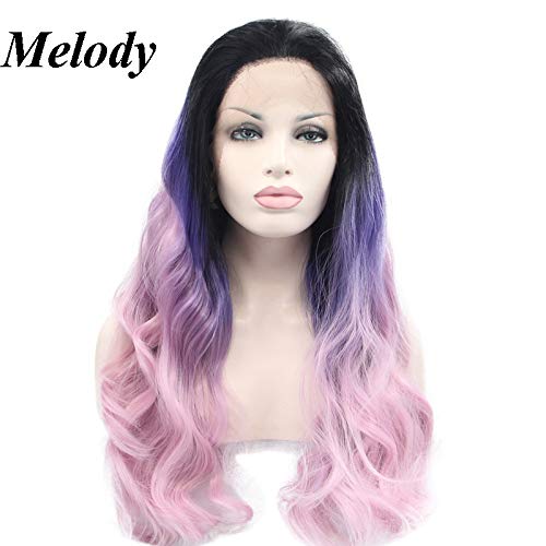 Synthetic Lace Front Wigs Purple To Pink 2T Natural Wave With Dark Roots Free Part 180% Density Half Hand Tied Heat Resistant Fiber Hair for Women 24''