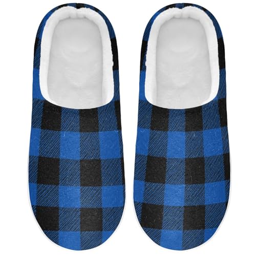 JUNZAN Blue Black Gingham Buffalo Plaid Cotton Slippers for Men Closed Toe Memory Foam Bedroom Slippers for Spa Funny Presents 6-7