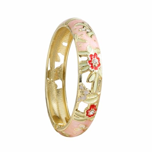 DLYFNVEV Cloisonne Enamel Bangles Vintage Colorful Flower Jewelry Cuff Charm Bracelets For Women Gold Plated Floral Style Bright Chunky Hawaiian Chinoiserie Vibrant Wide Pink