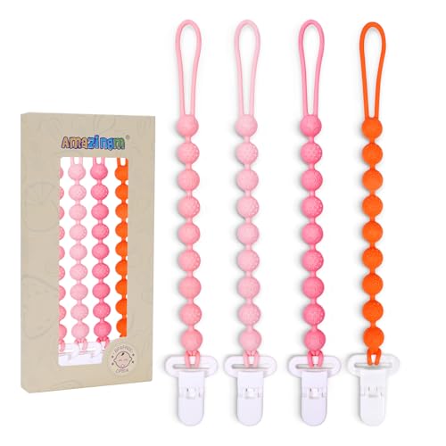 Image of 4 Pcs Pink Baby Silicone Teething Pacifier Clip,One-piece Design,Round Shape,Textured Surface,BPA Free.