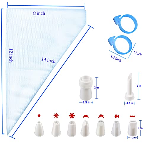 Piping Bags and Tips Set, 100Pcs 14 Inch Icing Bags, Pastry Bags Disposable for Cakes Decorating Tools Supplies with 1 Couplers, 8 Frosting Tips, 6Bag Ties
