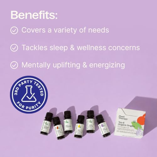 Plant Therapy Top 6 USDA Organic Essential Oil Set - Lavender, Peppermint, Eucalyptus, Lemon, Tea Tree 100% Pure, Natural Aromatherapy, for Diffusion & Topical Use, Therapeutic Grade 10 mL (1/3 oz) - Image 3