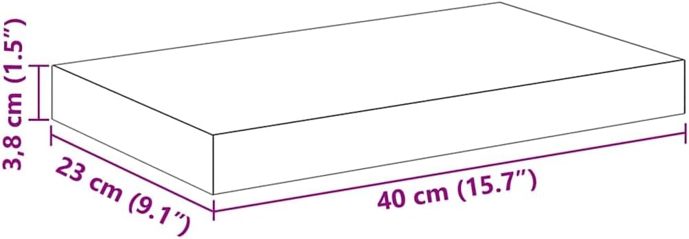 Diagram showing the dimensions of the floating wall shelf: 40 cm (15.7 inches) length, 23 cm (9.1 inches) width, and 3.8 cm (1.5 inches) height.