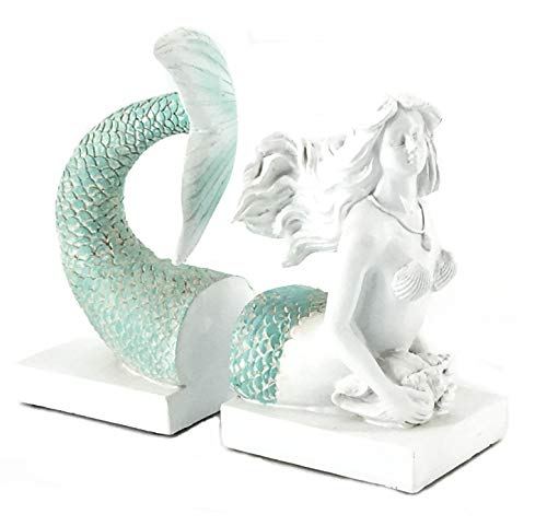 Bellaa 22975 Decorative Bookend Mermaid Antique Farmhouse Sailor Sea Nautical Coastal Fish Boho Beach Decor Retro Vintage Distressed White Turquoise 9 Inch #TOP7