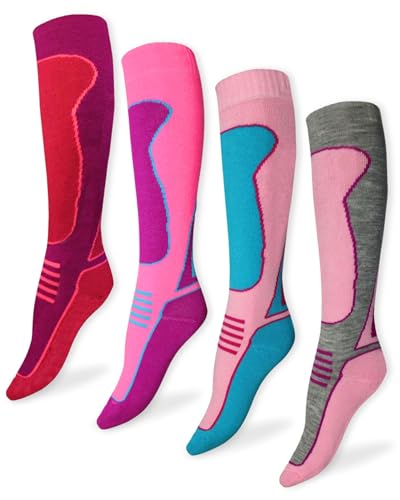ThreadCo Womens Ski Socks - Ladies Long Thermal Socks For Skiing Snowboarding Walking - Anti-Blister High Performance Winter Socks - 4 Pk - Pink Mix - Size UK 4-8