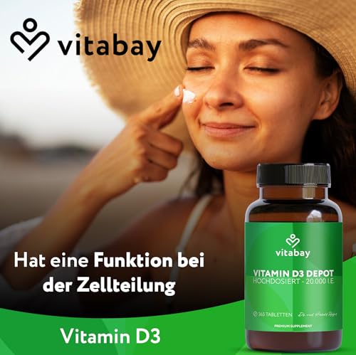 Vitabay Vitamin D3 Depot 20.000 I.E. – 120 vegane Tabletten – hochdosiert & vegan – ohne Zusatzstoffe – laborgeprüft – Vorrat für lange Zeit