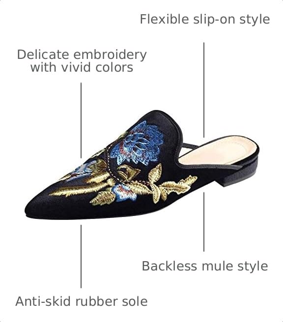 Image of Fericzot Women's Velvet Backless Pointed Toe Slip On Loafers Flats Embroidery Mule Slippers Shoes