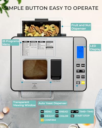 EUHOMY-25-in-1-Bread-Maker-Machine-2LB-Breadmaker-Bread-Machines-with-Nut-Dispenser-and-Yeast-Dispenser-3-Loaf-Sizes-3-Crust-Colors-Dough-Maker-with-Customized-Options-Gluten-Free-Recipe-Gifts