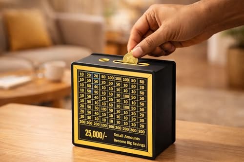 Image of Dr.MASHUR Wooden Money Saving Challenge Box with Printed Amount Board for Cash and Coin Collection, Reusable Saving Box for Kids and Adults (25k Money box-2pc, 2, Count)
