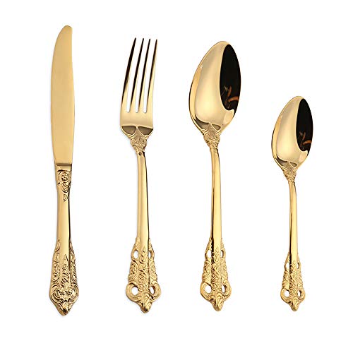 WULUN Set di posate in acciaio inox barocco, 4 pezzi, con coltello, forchetta, cucchiaio da caffè, antico, stile reale, lavabile in lavastoviglie