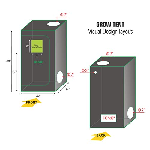 Topogrow Led 300W Grow Light Kit W/32"X32"X63" 600D Grow Tent W/Green Viewing Window Package For Germination Kits Indoor Hydroponics System #TOP5