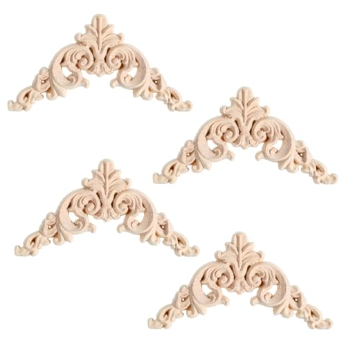 4 Pcs Wooden Appliques Decorative Wood Appliques 4.25 X 3.15 (10.8x8cm) DIY Carved Onlay Wood Embellishments for Furniture Bed Door Cabinet Wall Cupboard