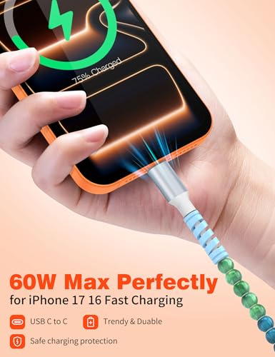 Image of USB C to USB C Cable 3FT,60W Beaded Phone Fast Charging Cord&Car Charger for iPhone 17 16 15 Pro Max /iPad Pro 10th A16 for Samsung S26 S25 S24 Ultra A17 Android Phone Charger Cute Girl Women,BlueGreen